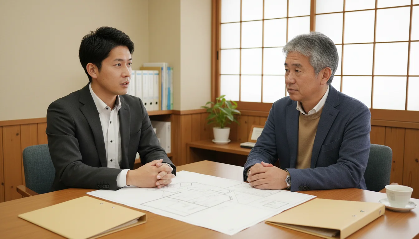 机を囲んで不動産資料を確認しながら相談する二人の様子