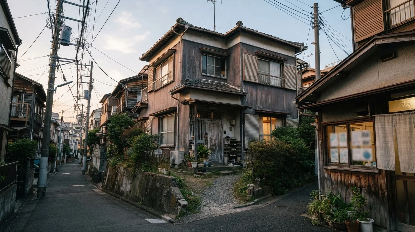細い通路に面した古い住宅と隣接する建物の外観