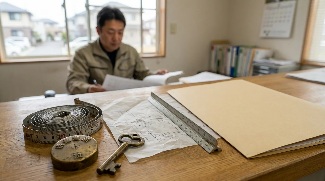 土地の測量機器と図面、巻尺を机上に並べた調査準備の様子