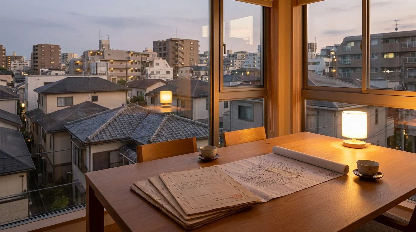 夕方の住宅地に建つ低層住宅と前面道路