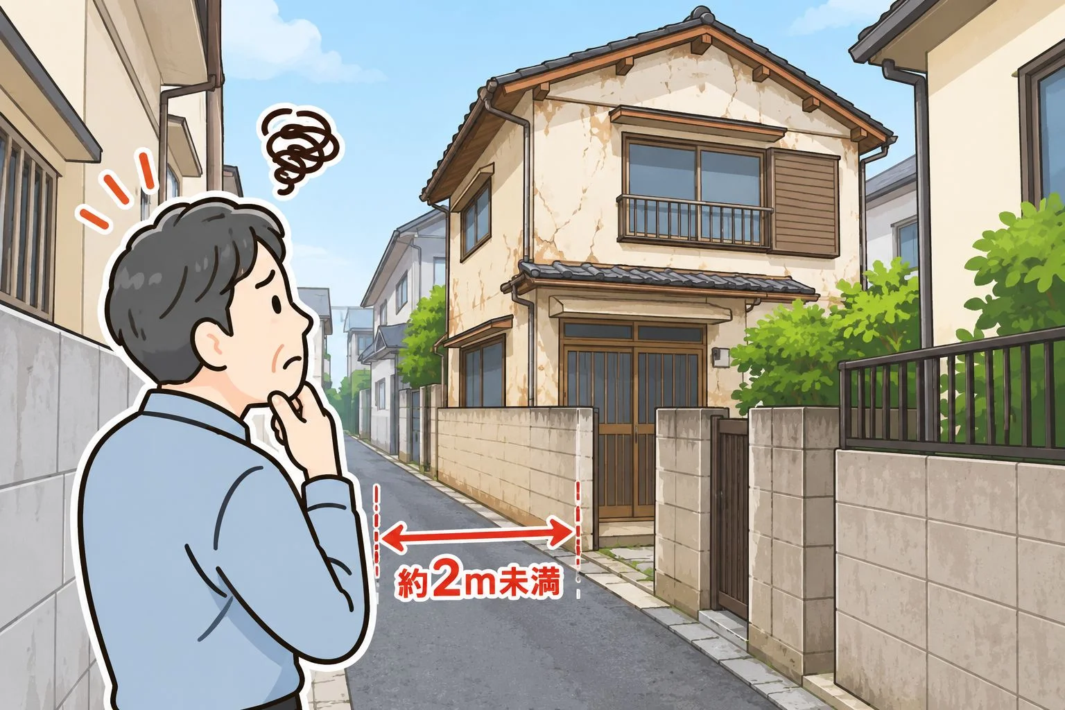 接道が約2m未満の狭い前面道路に建つ古い戸建てを見て考える男性