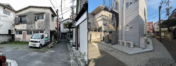 老朽化した空き家と、買取後に建替えた新築アパートの施工事例